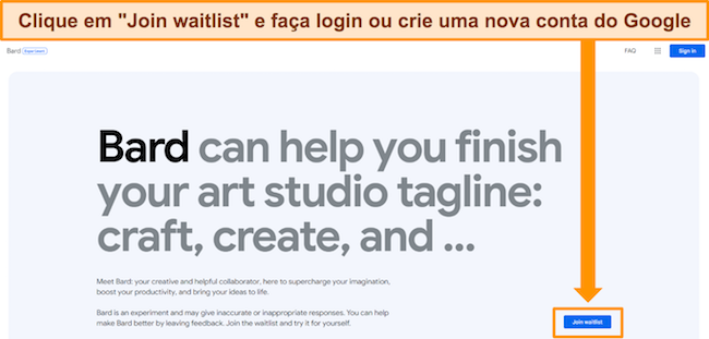 Captura de tela da tela de inscri&ccedil;&atilde;o da lista de espera do Google Bard