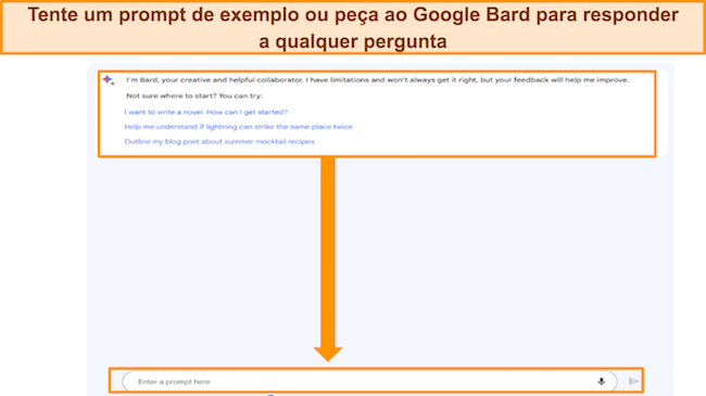captura de tela do Google Bard, com prompts de exemplo destacados, bem como a caixa "Insira o prompt aqui"