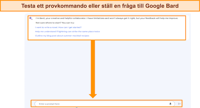 skärmdump av Google Bard, med exempeluppmaningar markerade, samt rutan "Ange uppmaning här"