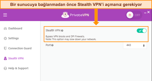 Gizli VPN se&ccedil;eneğini ve bu se&ccedil;eneğin nasıl a&ccedil;ılıp kapatılacağını g&ouml;steren PrivateVPN'in Windows uygulamasının ekran g&ouml;r&uuml;nt&uuml;s&uuml;