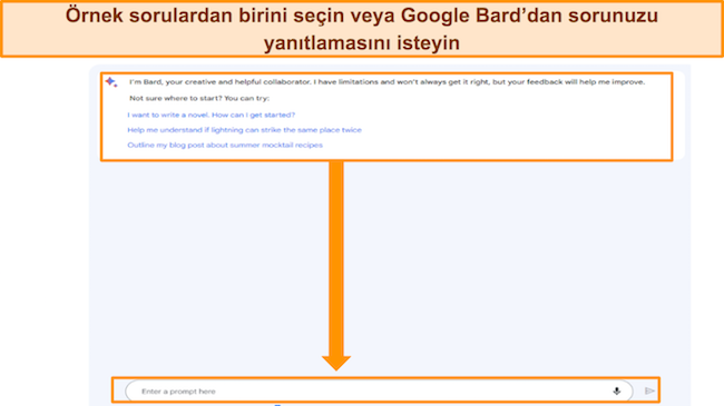 Google Bard'ın ekran g&ouml;r&uuml;nt&uuml;s&uuml;, &ouml;rnek istemler vurgulanmış ve ayrıca 