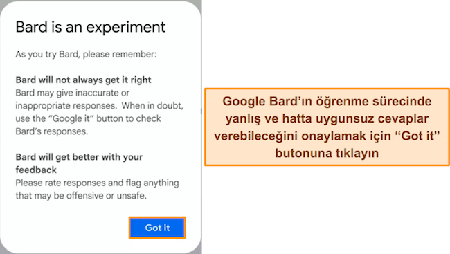 Google Bard'ın, hizmetin deneysel olduğunu ve yanlış veya rahatsız edici yanıtlara yol a&ccedil;abileceğini belirten uyarı notunun resmi