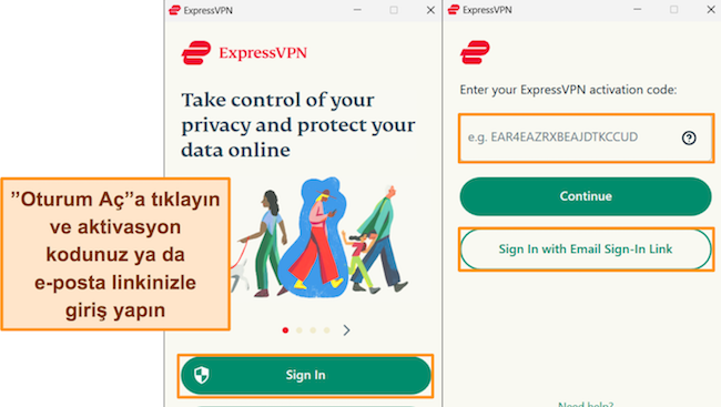 ExpressVPN'in Windows'ta oturum a&ccedil;ma işleminin ekran g&ouml;r&uuml;nt&uuml;leri