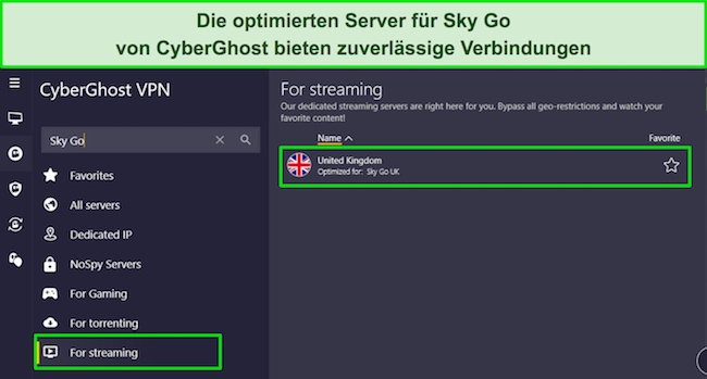 Die Windows-App von CyberGhost zeigt das Men&uuml; &bdquo;F&uuml;r Streaming&ldquo; und den dedizierten Sky Go UK-Server.