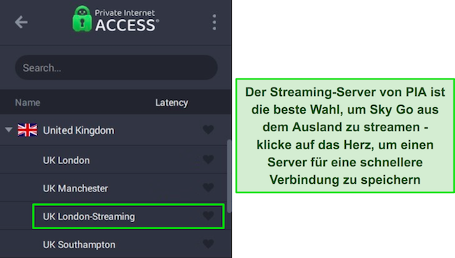 Die Windows-App von PIA zeigt den optimierten Streaming-Server f&uuml;r Gro&szlig;britannien.