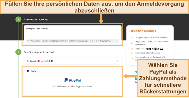 Screenshot der IPVanish-Abonnementseite mit PayPal als gew&auml;hlter Zahlungsmethode