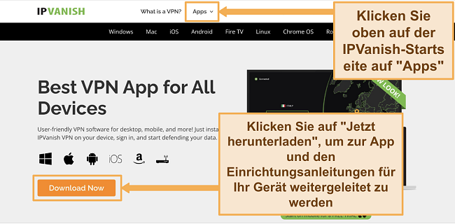Screenshot der IPVanish-Website, auf der Sie sehen k&ouml;nnen, wo Sie Apps in einem PC-Browser herunterladen k&ouml;nnen