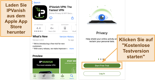 Screenshot der IPVanish iOS-App zum Download im Apple App Store und der Free Trial-Schaltfl&auml;che auf dem iPhone
