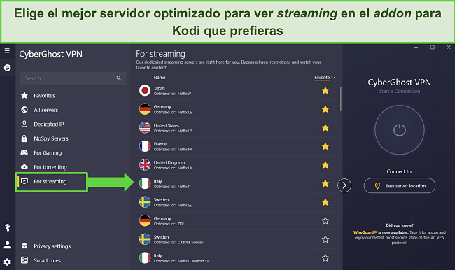 Captura de pantalla de la aplicaci&oacute;n de CyberGhost para Windows mostrando los servidores optimizados "Para transmisi&oacute;n".