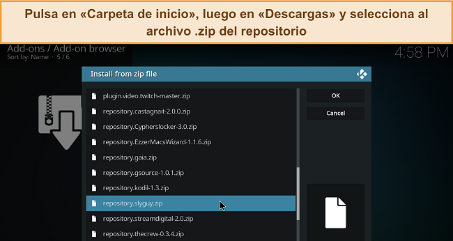 Captura de pantalla del men&uacute; de instalaci&oacute;n desde archivo zip de Kodi, con un archivo zip del repositorio descargado resaltado.