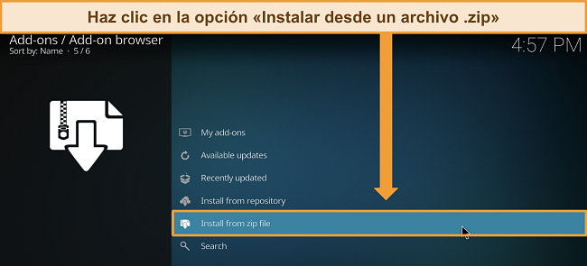 Captura de pantalla de la configuraci&oacute;n de los complementos de Kodi con "Instalar desde archivo zip" resaltado.