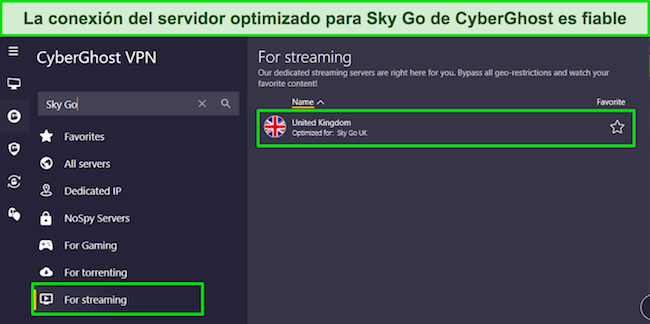 La aplicaci&oacute;n de Windows de CyberGhost que muestra el men&uacute; "para transmisi&oacute;n" y el servidor Sky Go UK dedicado.