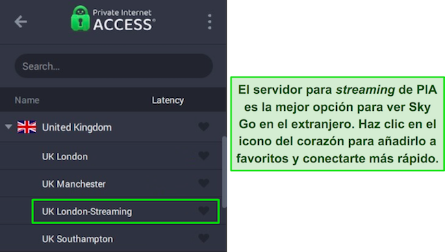 Aplicaci&oacute;n de Windows de PIA que muestra el servidor de transmisi&oacute;n optimizado para el Reino Unido.