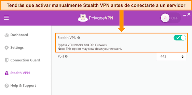 La aplicaci&oacute;n de Windows de PrivateVPN, que muestra la configuraci&oacute;n de Stealth VPN.
