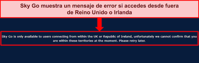 Imagen del mensaje de error de Sky Go cuando se detecta una direcci&oacute;n IP fuera del Reino Unido e Irlanda
