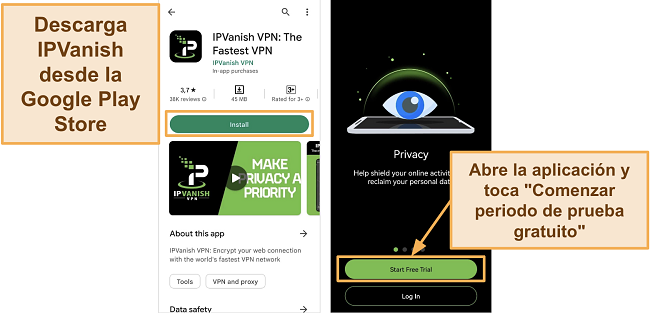 Captura de pantalla de la descarga de la aplicaci&oacute;n IPVanish en Google Play Store y el bot&oacute;n de Prueba Gratuita en un tel&eacute;fono Huawei
