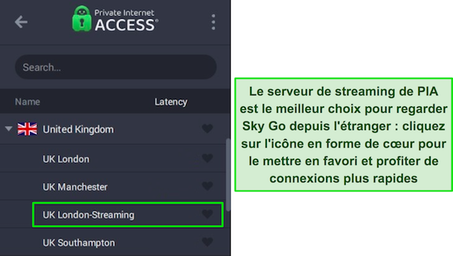 L'application Windows de PIA montrant le serveur de streaming optimis&eacute; pour le Royaume-Uni.