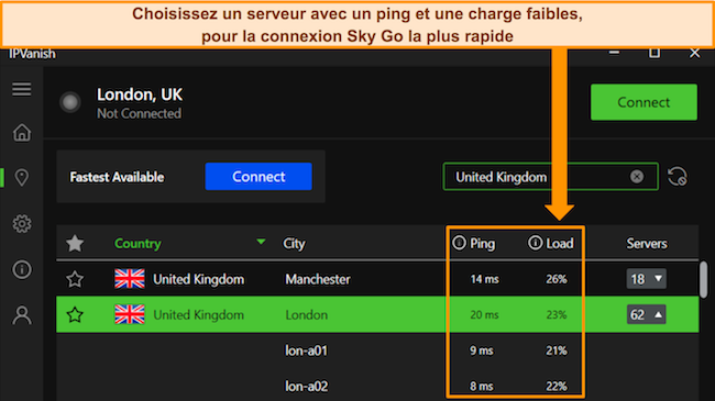 L'application Windows d'IPVanish, mettant en &eacute;vidence les d&eacute;tails du ping et de la charge de l'utilisateur pour les serveurs britanniques.