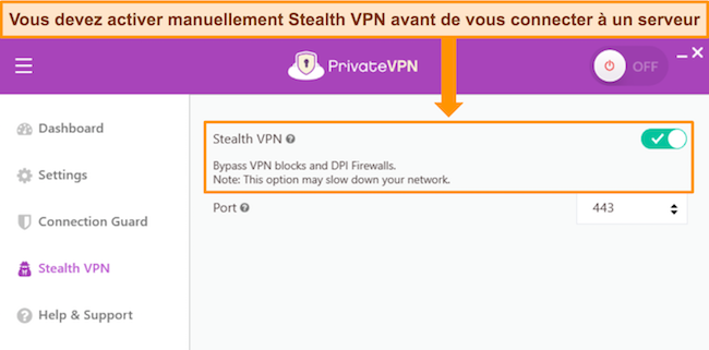 L'application Windows de PrivateVPN, affichant les param&egrave;tres du VPN furtif.
