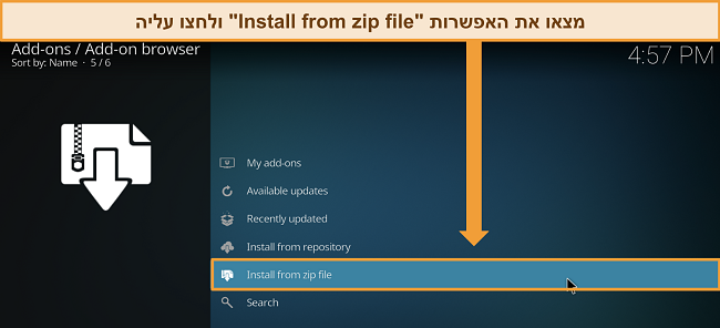 מסמך מסך של הגדרות התוספים של Kodi עם האפשרות "התקן מקובץ zip" מודגשת.