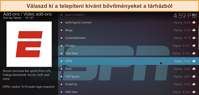 K&eacute;pernyőfot&oacute; az nyitott Slyguy t&aacute;rol&oacute;r&oacute;l, amely a telep&iacute;thető &uacute;j kieg&eacute;sz&iacute;tők list&aacute;j&aacute;t mutatja.