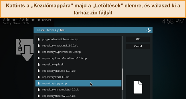 K&eacute;pernyőfot&oacute; a Kodi telep&iacute;t&eacute;s zip f&aacute;jlb&oacute;l men&uuml;j&eacute;ről, kiemelve egy let&ouml;lt&ouml;tt t&aacute;rol&oacute; zip f&aacute;jlt.