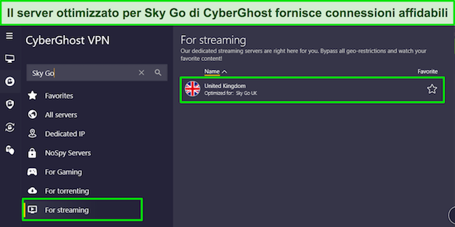 L'app Windows di CyberGhost che mostra il menu