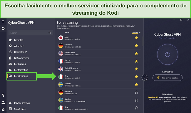 Captura de tela do aplicativo do CyberGhost para Windows mostrando os servidores otimizados "Para streaming".