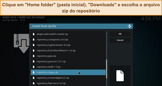 Captura de tela do menu de instala&ccedil;&atilde;o do Kodi a partir do arquivo zip, com um arquivo zip de reposit&oacute;rio baixado destacado.