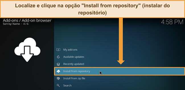 Captura de tela da p&aacute;gina de configura&ccedil;&otilde;es de complementos do Kodi com "Instalar a partir do reposit&oacute;rio" destacado.
