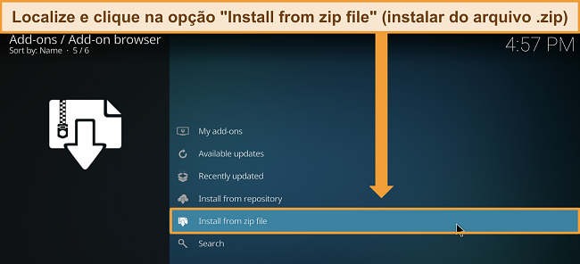 Captura de tela das configura&ccedil;&otilde;es de complementos do Kodi com "Instalar a partir do arquivo zip" destacado.