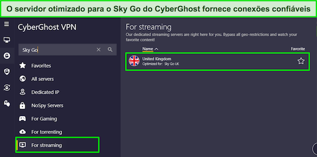 Aplicativo para Windows do CyberGhost mostrando o menu "para streaming" e o servidor Sky Go UK dedicado.