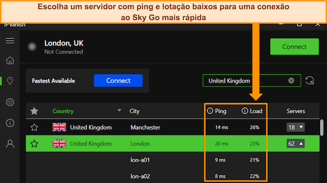 Aplicativo para Windows da IPVanish, destacando os detalhes de ping e carregamento do usu&aacute;rio para servidores do Reino Unido.