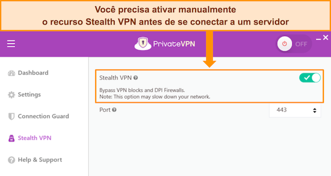 Aplicativo para Windows do PrivateVPN, mostrando as configura&ccedil;&otilde;es do Stealth VPN.
