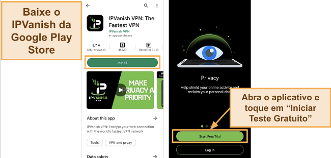 Captura de tela do download do aplicativo IPVanish na Google Play Store e bot&atilde;o de Teste Gratuito em um telefone Huawei