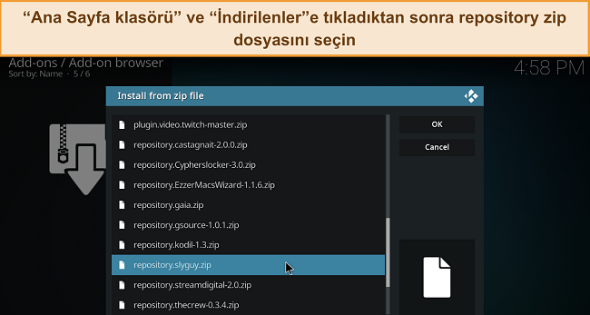 İndirilen bir depo zip dosyasının vurgulandığı Kodi'nin zip dosyasından kur men&uuml;s&uuml;n&uuml;n ekran g&ouml;r&uuml;nt&uuml;s&uuml;.