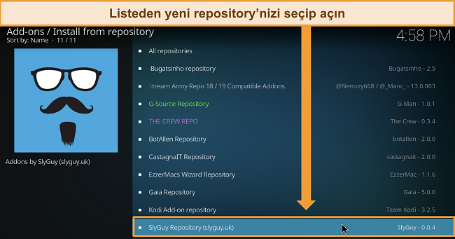 İndirilen Kodi depolarının listesinin ekran g&ouml;r&uuml;nt&uuml;s&uuml;, Slyguy deposunu vurguluyor.