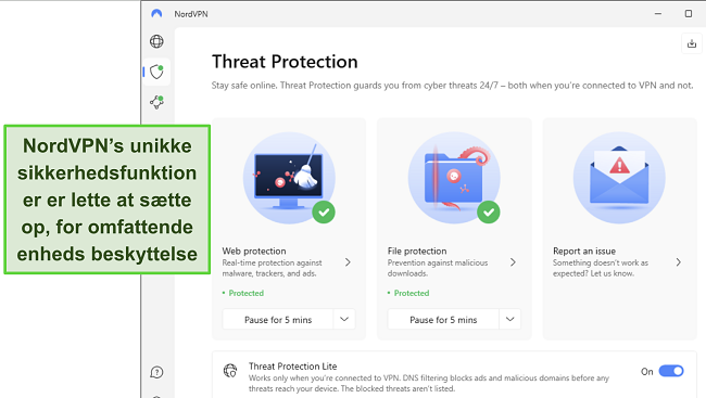 Sk&aelig;rmbillede af NordVPN's Windows-app, der viser funktionen til Beskyttelse mod Trusler er sl&aring;et til.