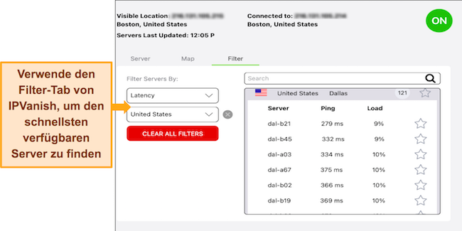 Screenshot der Registerkarte &bdquo;Filter&ldquo; von IPVanish mit angezeigten US-Servern