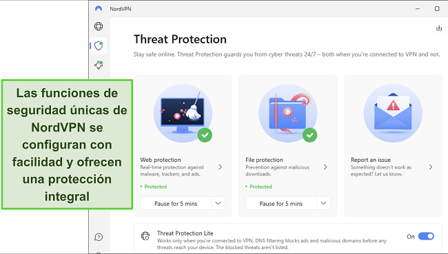 Captura de pantalla de la aplicaci&oacute;n de Windows de NordVPN, mostrando la funci&oacute;n de Protecci&oacute;n Contra Amenazas activada.