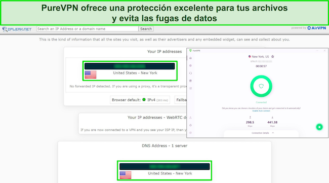 PureVPN se conect&oacute; a un servidor de EE. UU. y los resultados de una prueba de fugas mostraron cero fugas de datos.