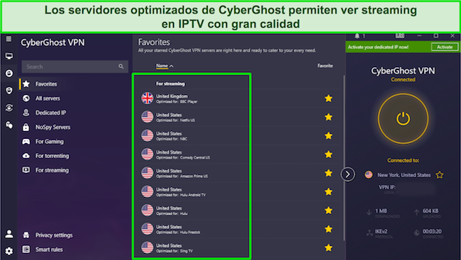 Una captura de pantalla de los servicios de transmisi&oacute;n optimizados de CyberGhost para los servicios de IPTV en los EE. UU. y el Reino Unido