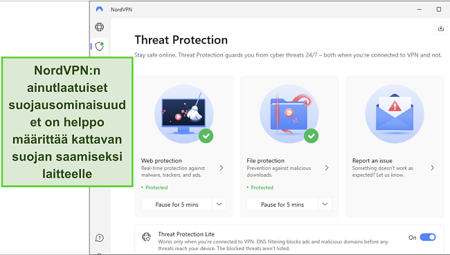 SKuvakaappaus NordVPN:n Windows-sovelluksesta, jossa N&auml;hd&auml;&auml;n, ett&auml; Uhkasuojatoiminto on kytketty p&auml;&auml;lle.