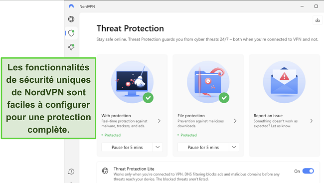 Capture d'&eacute;cran de l'application Windows de NordVPN, montrant la fonction de Protection contre les Menaces activ&eacute;e.