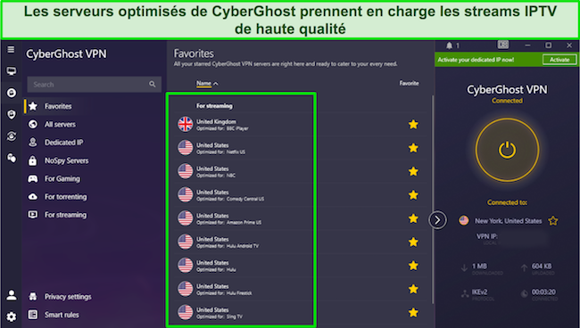 Une capture d'&eacute;cran des services de streaming optimis&eacute;s de CyberGhost pour les services IPTV aux &Eacute;tats-Unis et au Royaume-Uni