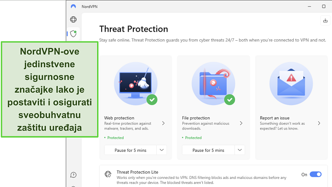 Snimka zaslona NordVPN-ove Windows aplikacije koja prikazuje uključenu značajku za&scaron;tite od prijetnji.