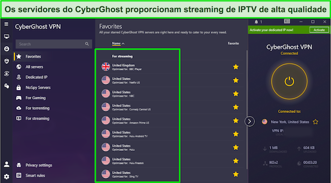 Uma captura de tela dos servi&ccedil;os de streaming otimizados do CyberGhost para servi&ccedil;os de IPTV nos EUA e no Reino Unido