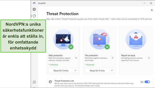 Sk&auml;rmdump av NordVPN:s Windows-app, visar funktionen f&ouml;r hotskydd aktiverad