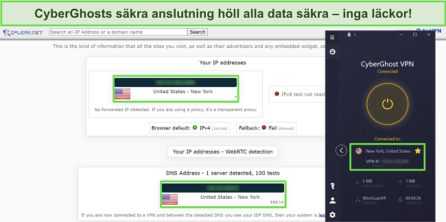 Sk&auml;rmdump av IP-l&auml;ckagetest med CyberGhost ansluten till en amerikansk server, visar inga data l&auml;ckor