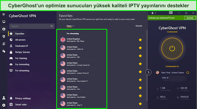 CyberGhost'un ABD ve İngiltere'deki IPTV hizmetleri i&ccedil;in optimize edilmiş akış hizmetlerinin ekran g&ouml;r&uuml;nt&uuml;s&uuml;
